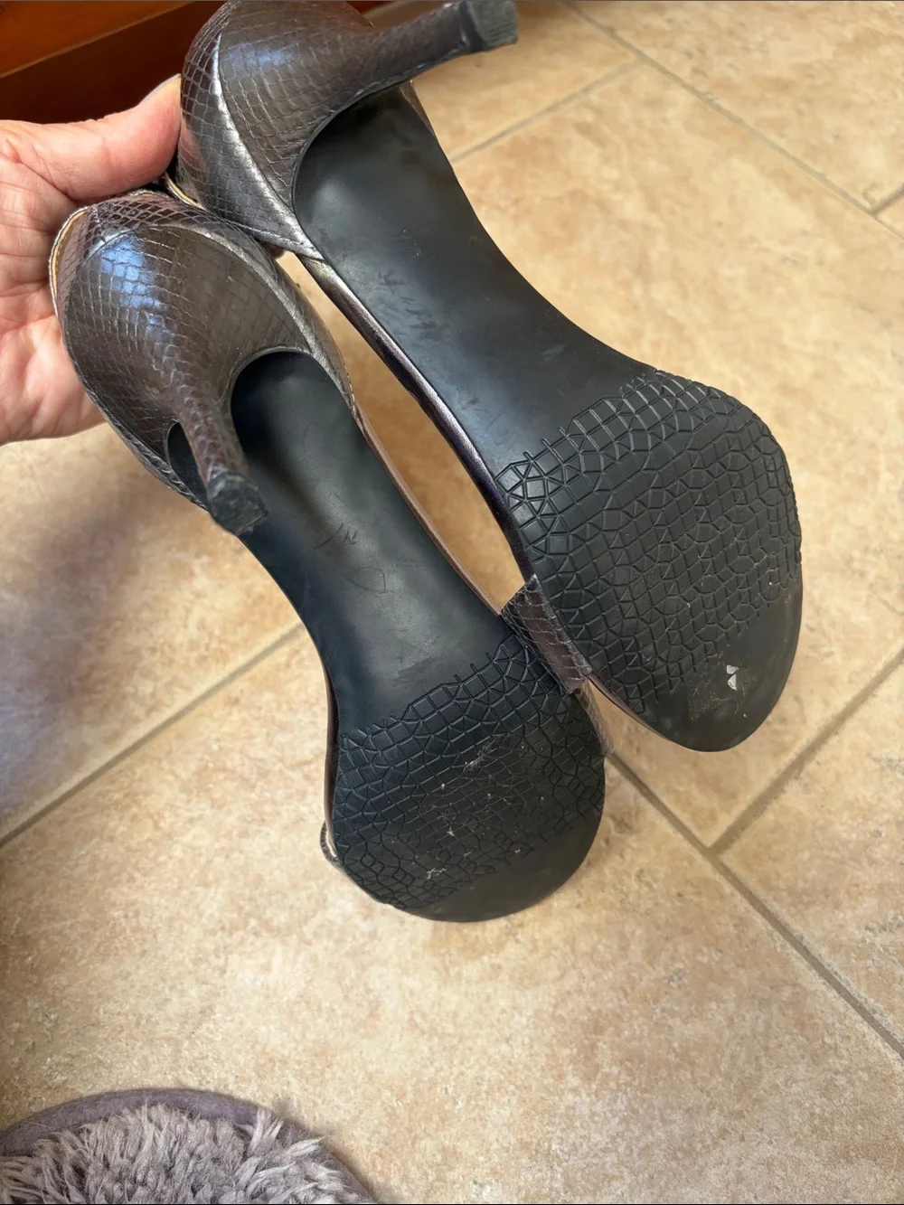 bp Silver/Bronze Metallic Snake-Embossed Ankle Strap Heels. Size 7M